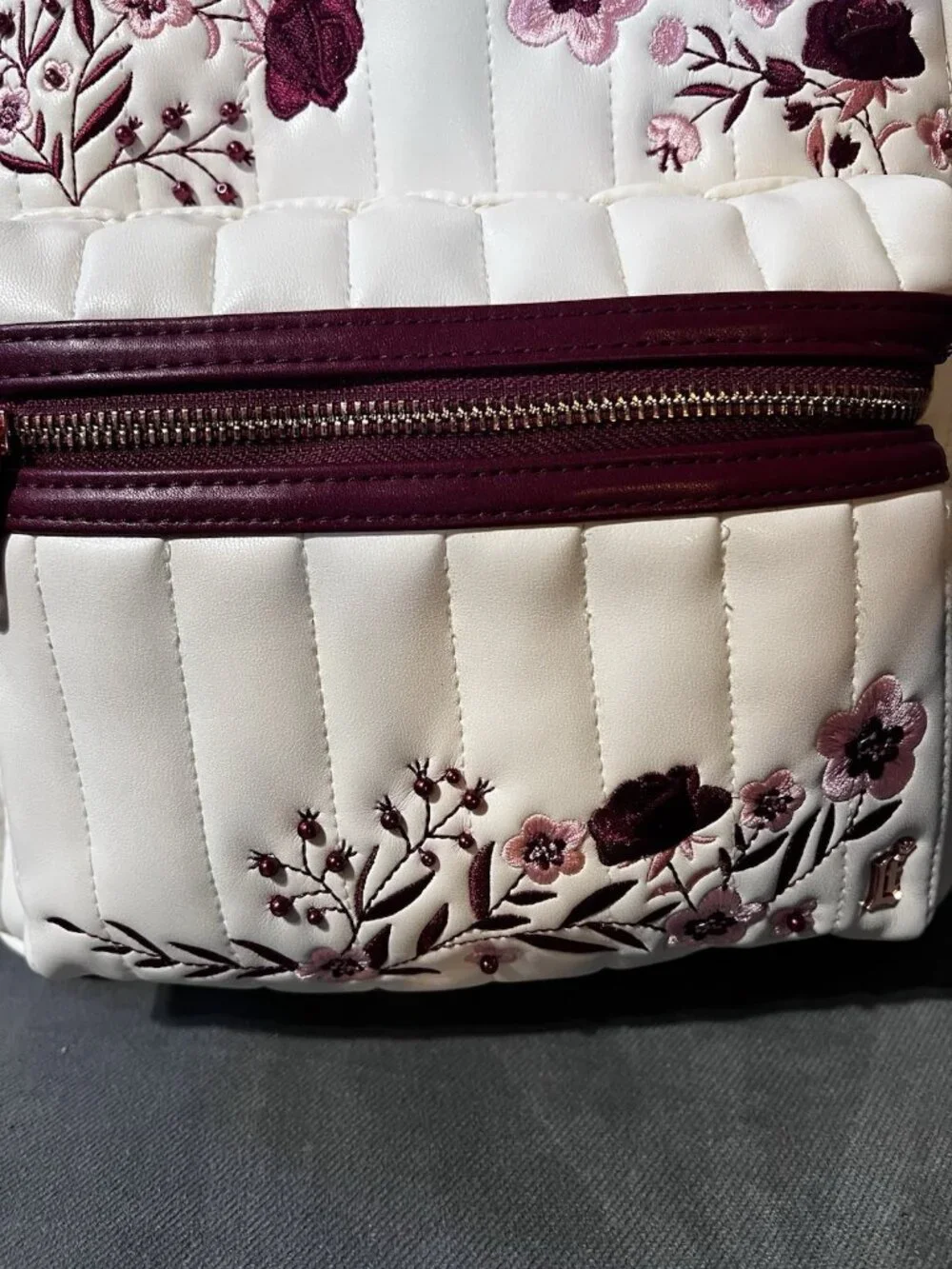 Loungefly Backpack Ivory Quilted Floral Embroidery Burgundy Accents NWT